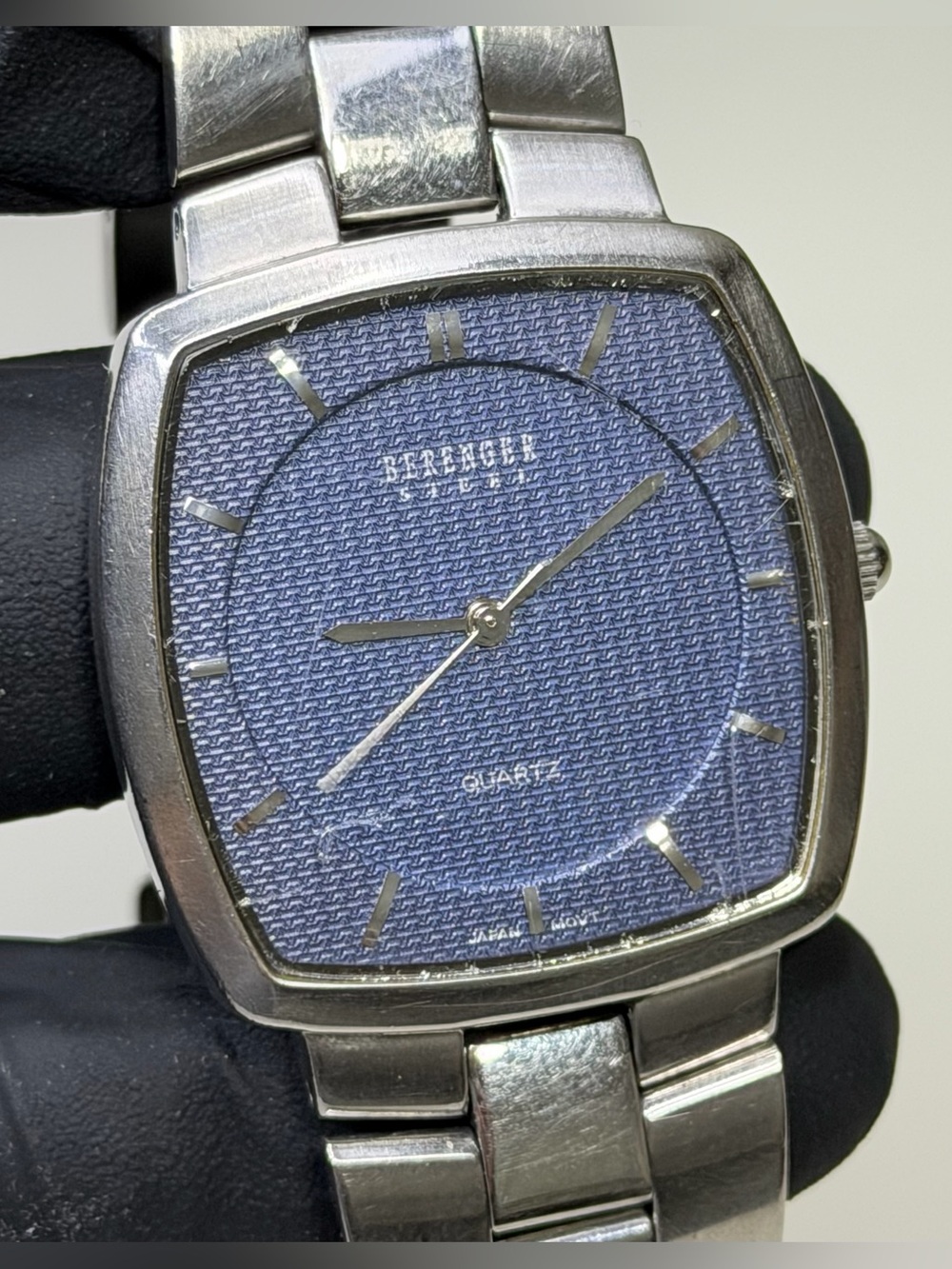 Berenger Steel Guilloché Blue Dial Cushion Silver SS Men’s 33mm Dress Watch
